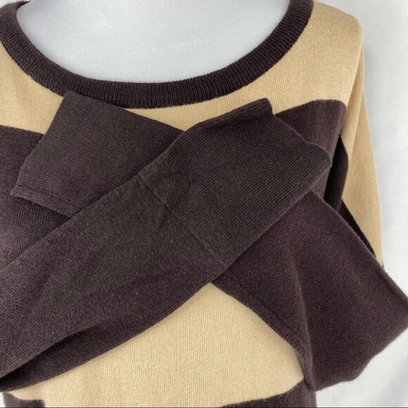 Covered by Suss Women's Tan Brown Striped Scoop Neck Designer Knit Sweater S/C44 - Picture 3 of 9